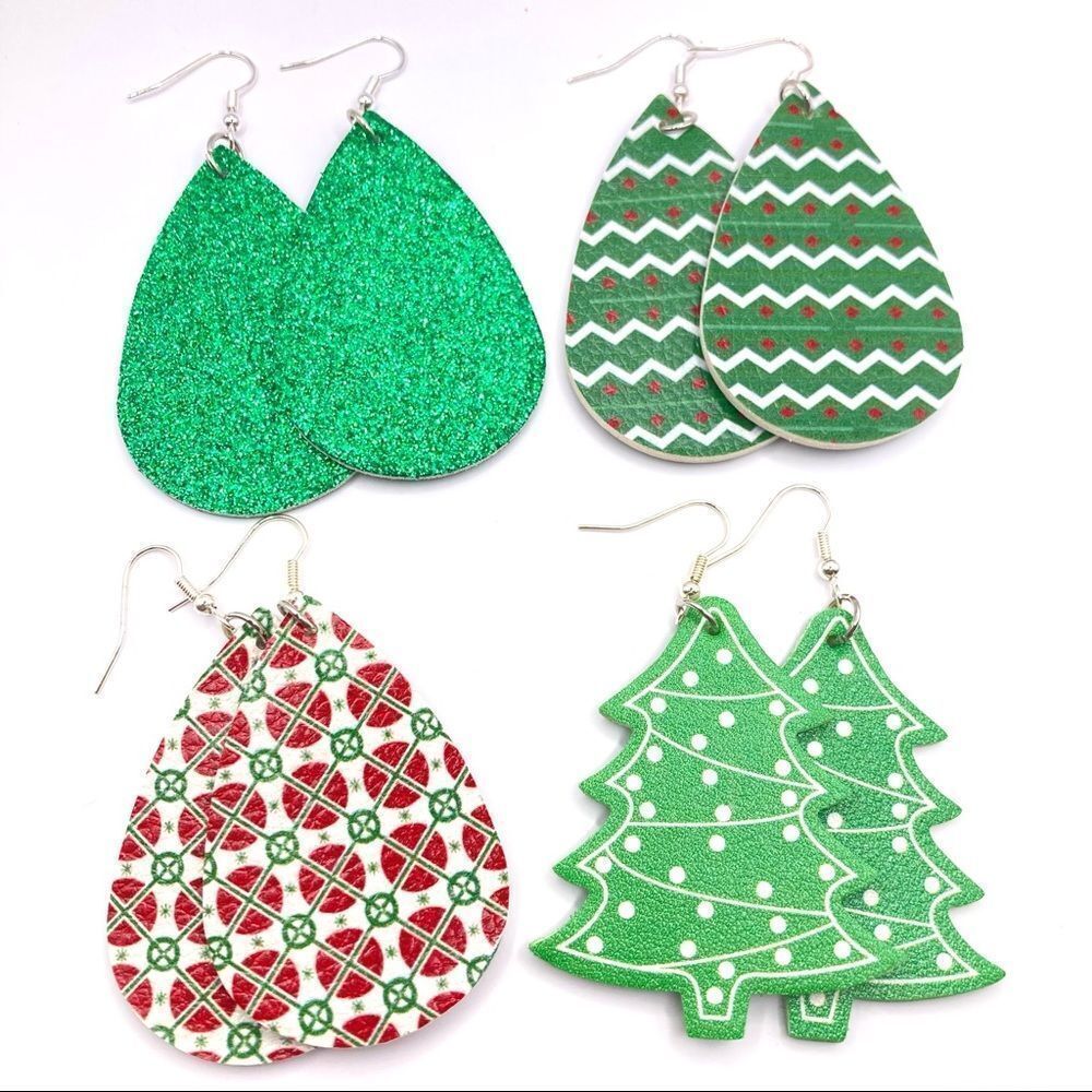 Set of 4 Christmas Holiday Faux Leather Earrings
